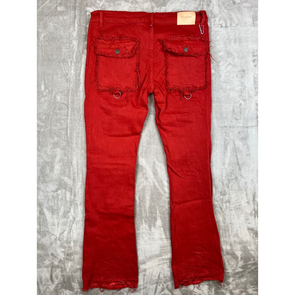VALABASAS Red Denim Cargo Pants Distressed Ripped D-Ring Flare Leg 38x36 - Picture 10 of 16